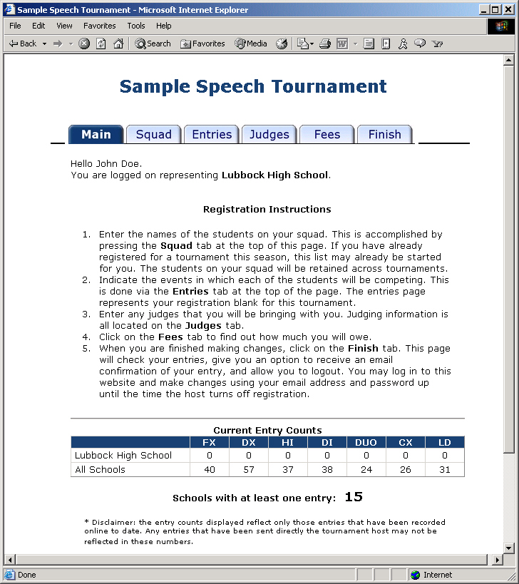 Main Registration Page